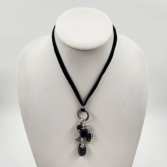 Black Corded Silver Tone Charm Heart Black Large Faux Pearl Bead Dangle Necklace