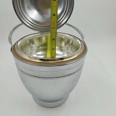 Silver Chromium Solid Brass Ice Bucket Cooler Hinged Lid Arm & Glass 13" 1950's