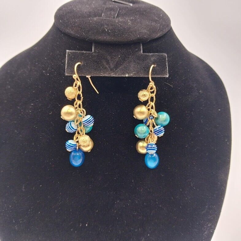 Catherines Gold Tone Blue Teal Faux Pearl Beads Dangle Earrings 2"