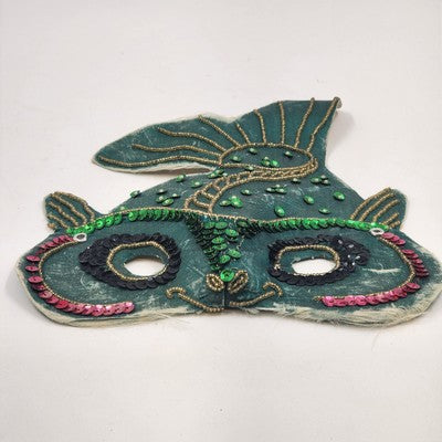 Hand Sewn Vintage Mardi Gras Green Fish Mask Sequins Beads