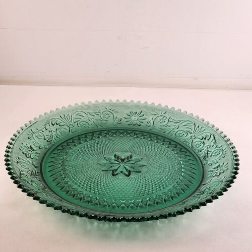 Indiana Glass Spruce Sandwich Tiara Green Platter Ribbed Trim Impressed Design