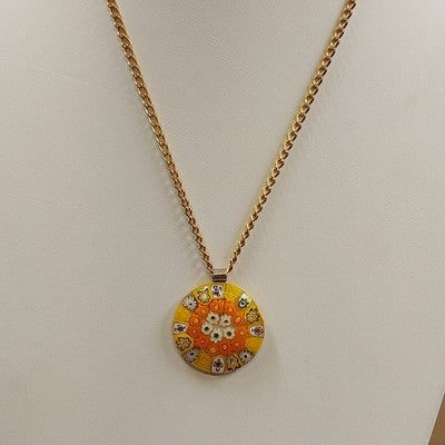 Murano Millefiori Glass Pendant Necklace Gold Tone Chain 22" Vtg Lobster Claw