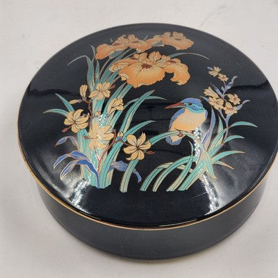 Japan Ceramic Trinket Pot Box 6" Black Gold Gilt Bird & Flowers Ring Box