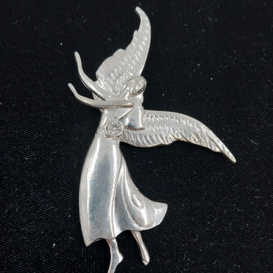 Metal Pewter Angel Brooch Pendant April Birthstone Diamond Crystal 3"Pin Vintage
