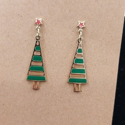 Enamel Gold Tone Red Green Christmas Tree Pierced Earrings Holiday Jewelry 1.5"