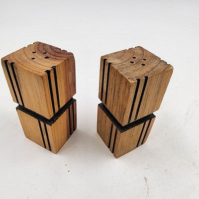 Natural Wood Square Block Salt and Pepper Shakers 3" Vintage Kitchen Accessories