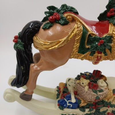 Christmas Holiday Decoration Musical Rocking Horse Basket of Toys Polyresin 12"