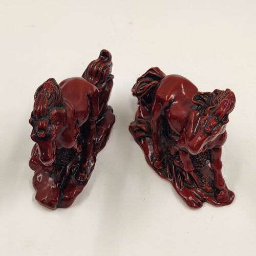 8 Horse Set Qing Feng Chinese Molded Red Resin Horses Sculpture Figurines 3"