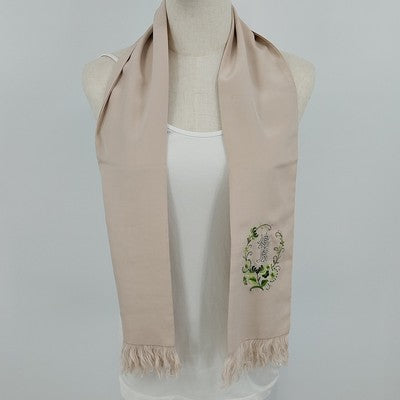 Beige Silk Scarf 10.5"x52" Embroidered Flower Chinese Letters Fringed Edge China