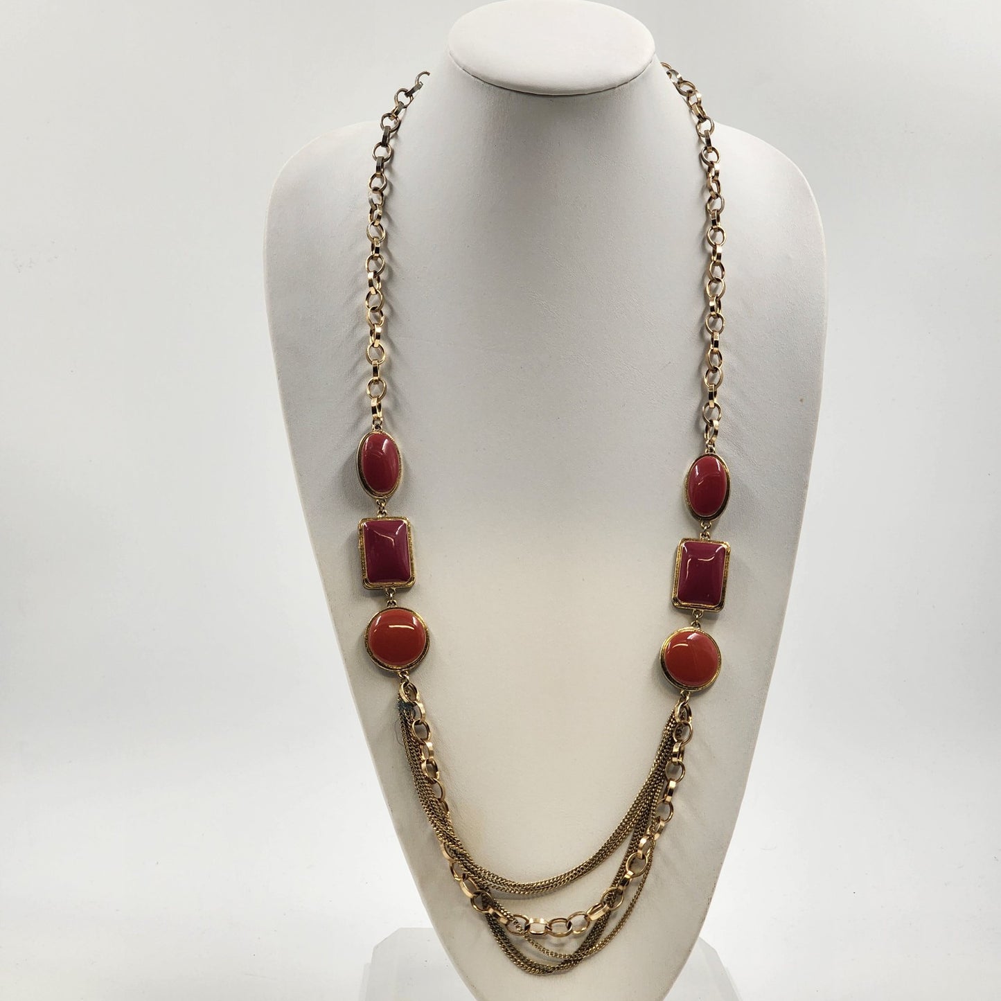 Gold Tone Chain Necklace Peach Color Round Oval & Rectangle Stone Inserts 18”