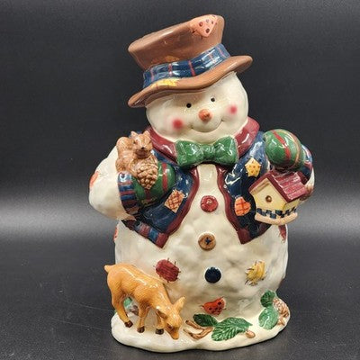 Ceramic Snowman Cookie Jar 13" w/ Birdhouse, Deer, Squirrel, Hat & Bowtie