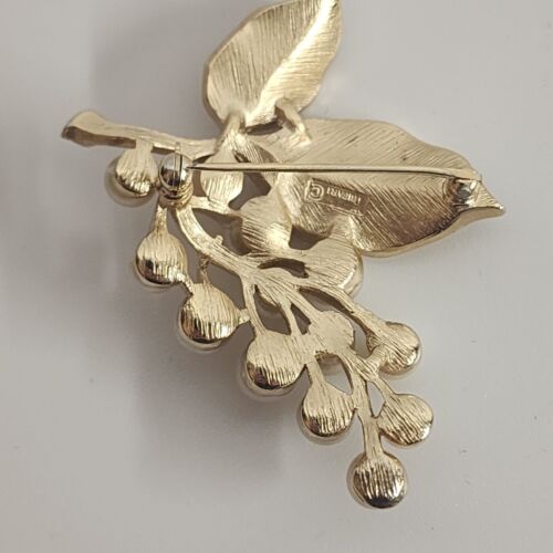Signed Crown Trifari Leaf Berries Faux Pearl Brushed Gold Tone Brooch Vintage