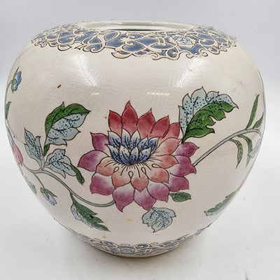 Large Macau Ginger Jar Vase 8"x9.5" Hand Painted Pink Blue Floral White VTG