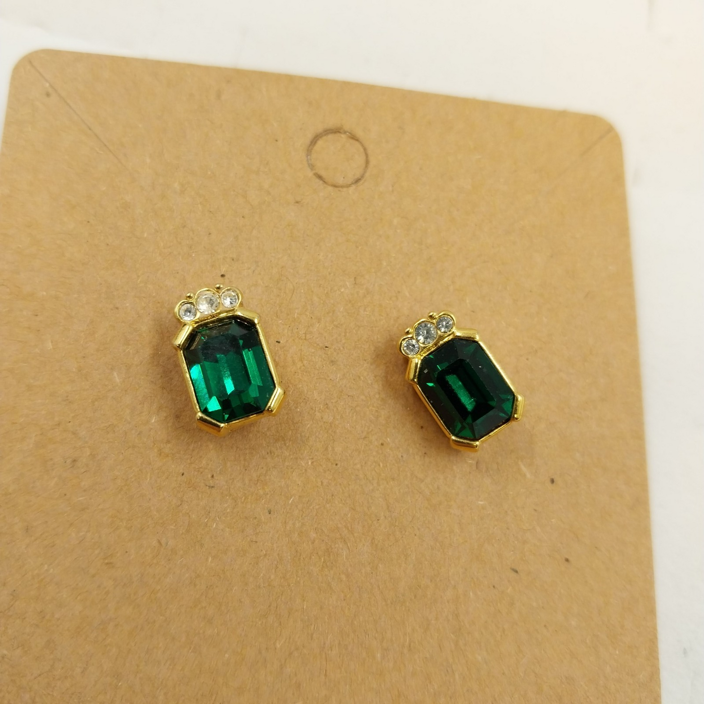 Gold Tone Emerald Cut Green & Clear Rhinestone Earrings Vintage