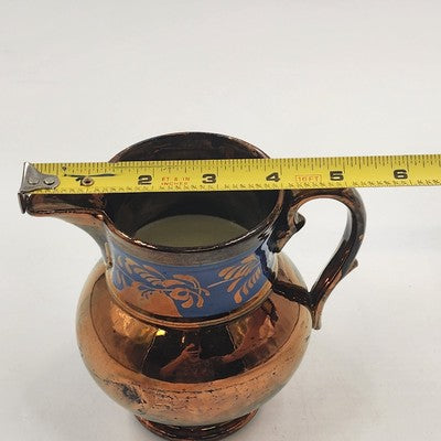 Copper Lusterware Small Creamer Pitcher Bronze & Cobalt Blue Band Floral 5.5"x3"