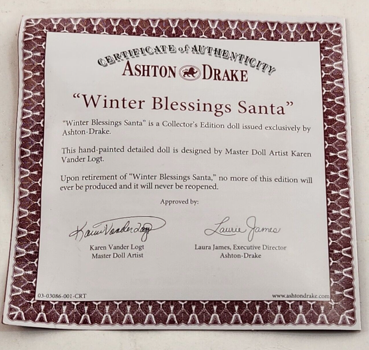 24" Santa Claus Winter Blessing Ashton Drake Musical Christmas COA Vander Logt