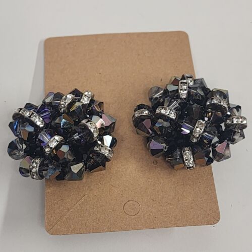 Deep Purple Bead & Colorful Rhinestone Clip Earrings Vintage 1.5” Statement