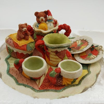 Popular Imports Mini Tea Set Bear Snowman Quilt 5.5" Resin Decor