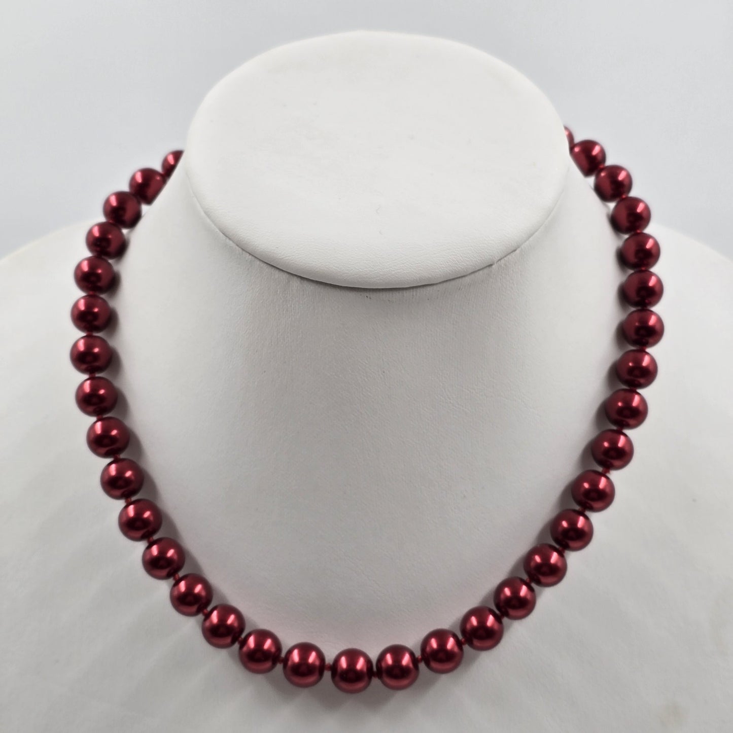 Deep Red Glass Faux Pearl Beads Silver Tone Statement Necklace 8.5"