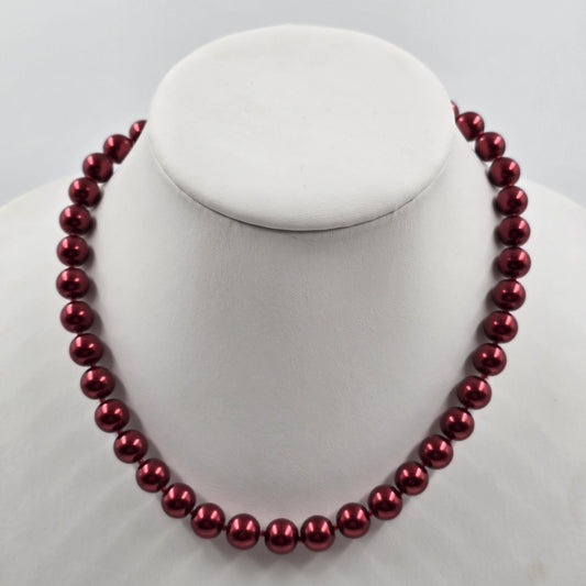 Deep Red Glass Faux Pearl Beads Silver Tone Statement Necklace 8.5"