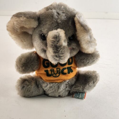 R Dakin Co Stuffed Elephant Good Luck Shirt Ground Nutshell Filled 1978 Vintage