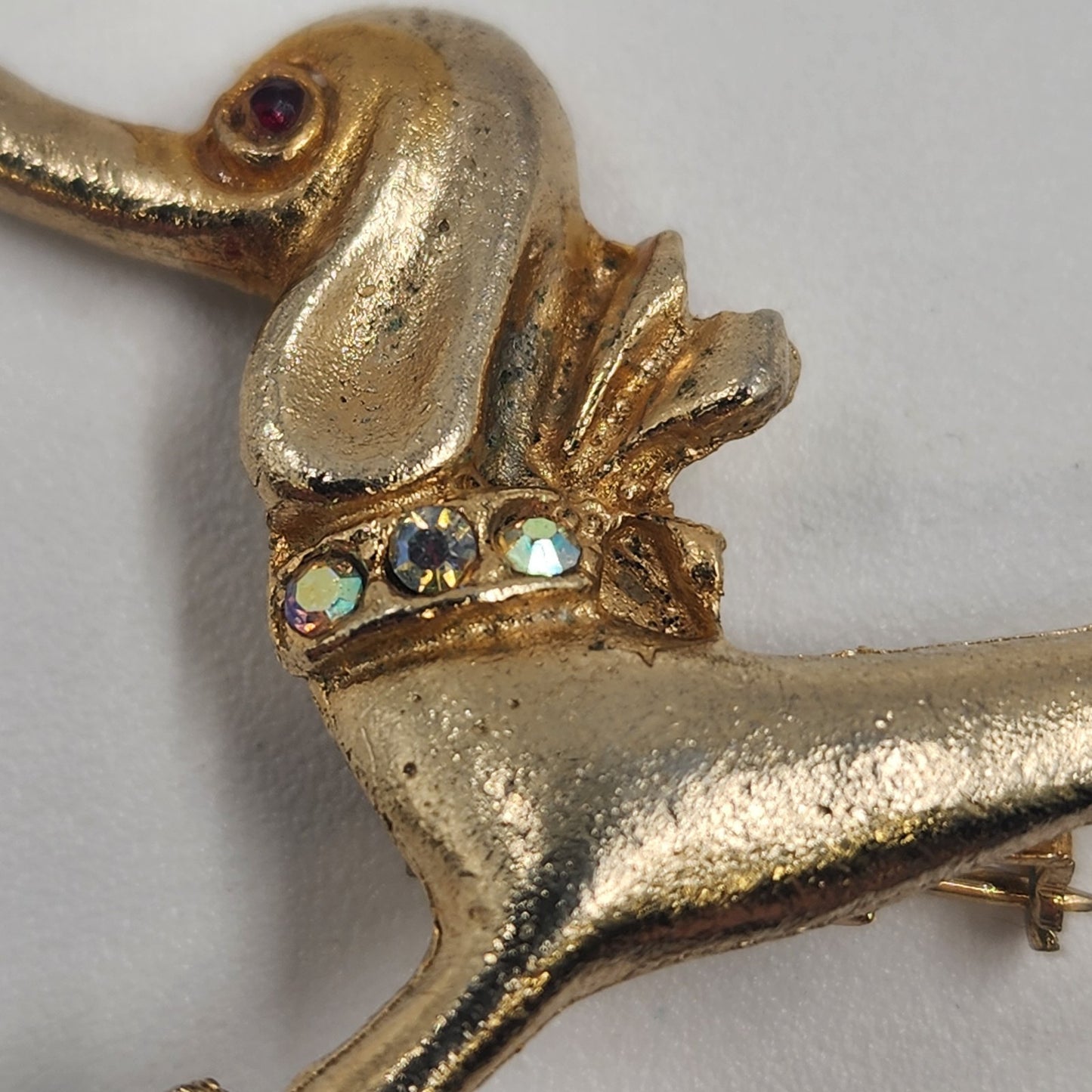 Dachshund Dog Gold Tone Brooch Badge Pin w/ Red Eyes Crystal Clear Rhinestone 2"