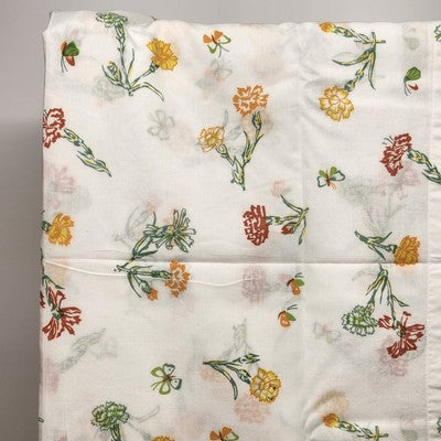 White Twin Size Flat Top Sheet Coverlet Red Yellow Floral & Butterflies Motif