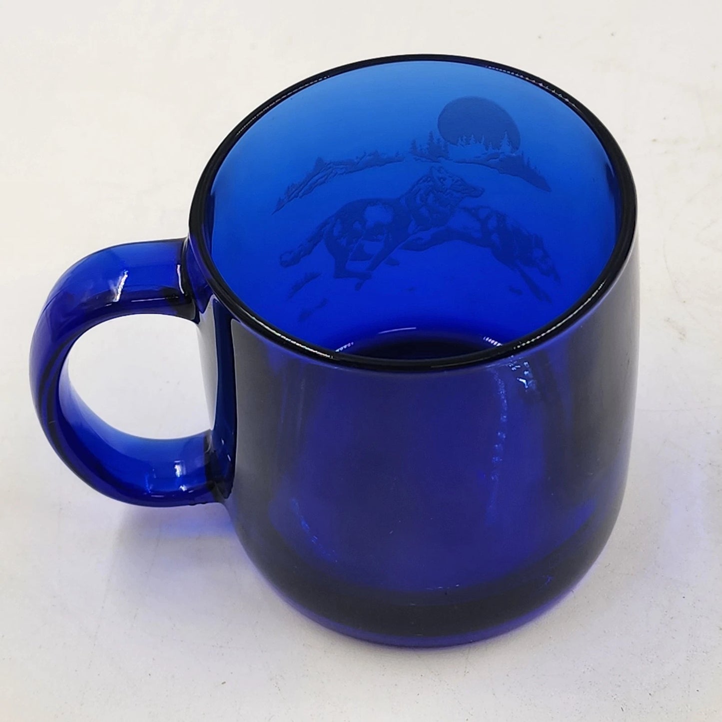 2 Cobalt Blue Coffee Mug Cups 12 oz Etched Running Wolves France