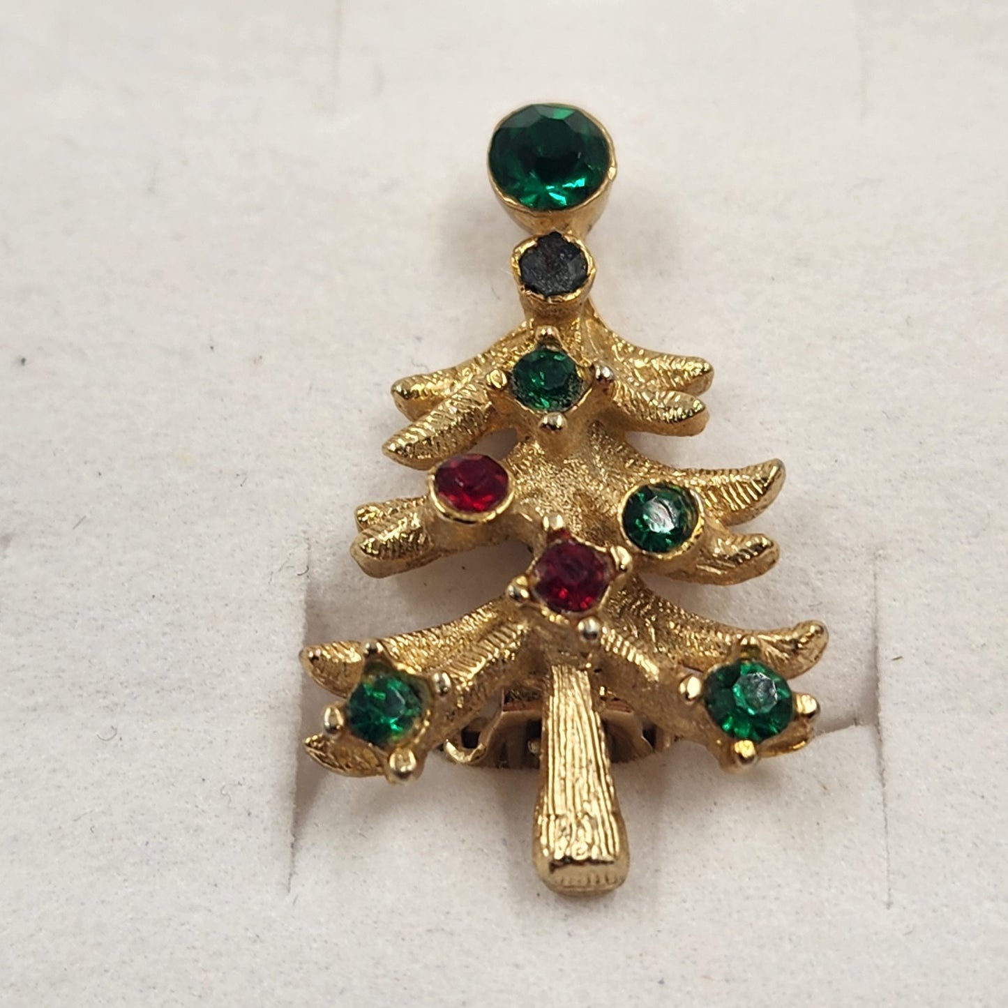 Christmas Tree Gold Tone Clip On Earrings Set w Red Green Rhinestones