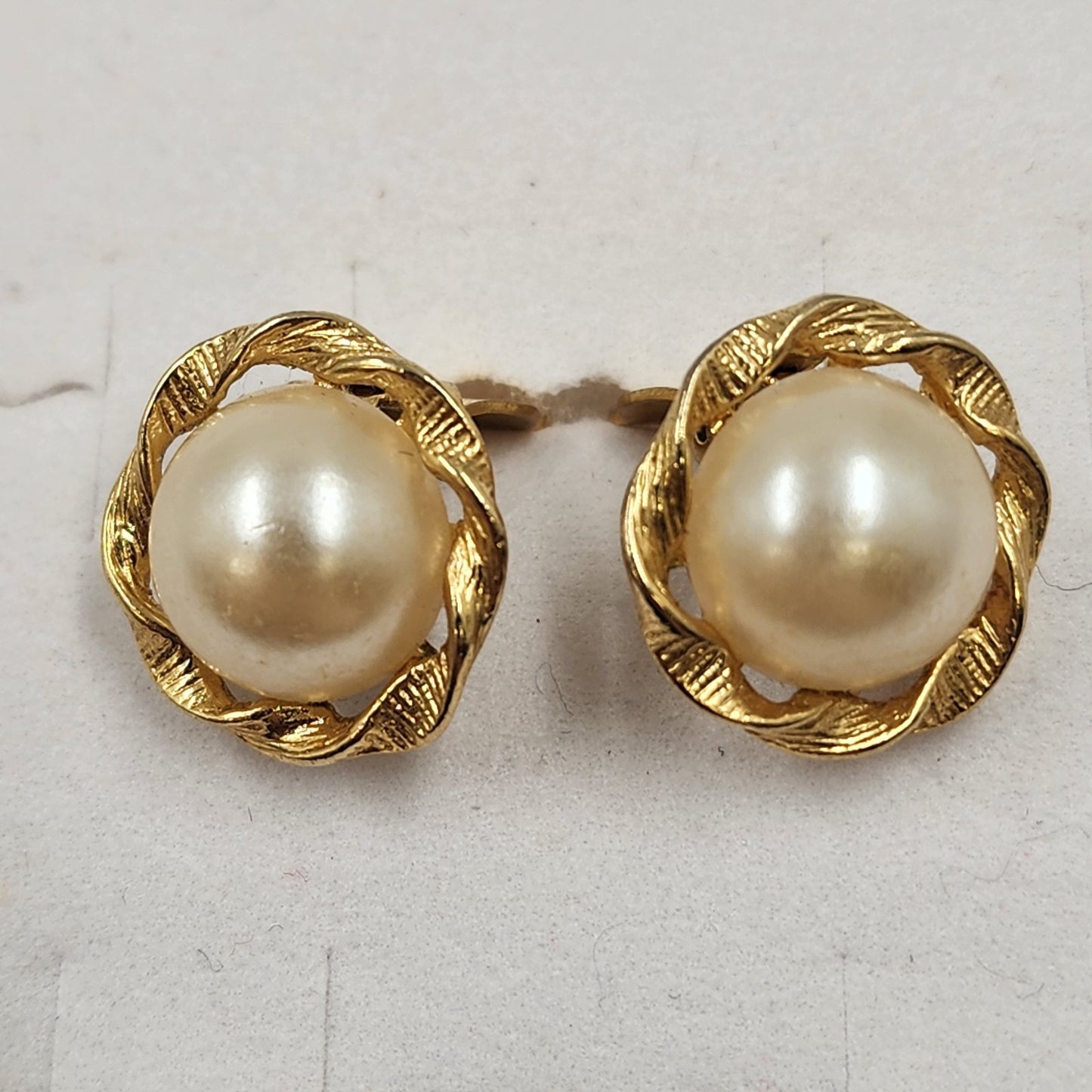Gold Tone Clip Earring with White Faux Pearl Half Dome & Twist Design 0.5”