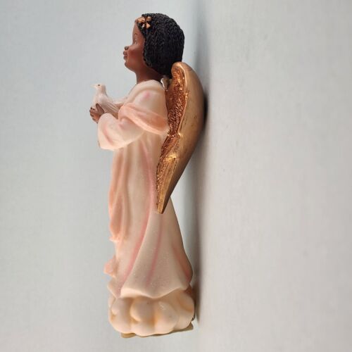 Little Girl Resin Angel Figurine Gold Wings Holding a White Dove 6½" H