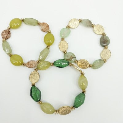 Set of 3 Bracelet Gold & Pale Green Tone Faux Pearl Faceted Oval Bead Stretch 7"