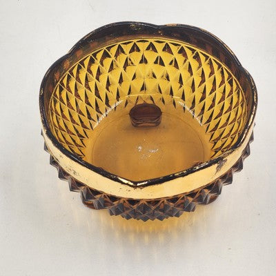 Indiana Glass Amber Diamond Point Three Foot Scalloped Gold Candy Dish Bowl 1970