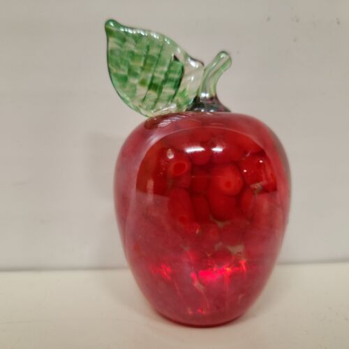 Paperweight Hand Blown Red Mottled Red Art Glass Apple Green Leaf & Stem Vintage