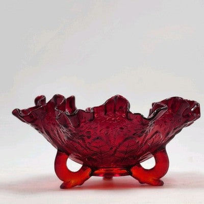 Fenton Ruby Red Glass Bowl 8" Wide Leaf Flowers Footed Dish Ruffled Edge