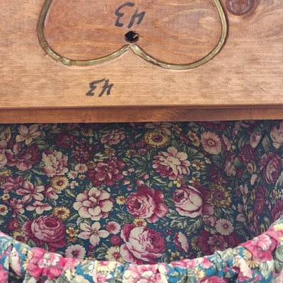 Half Bushel Wooden Sewing Basket Split Lid Heart Handle 15"x13" Floral Lined