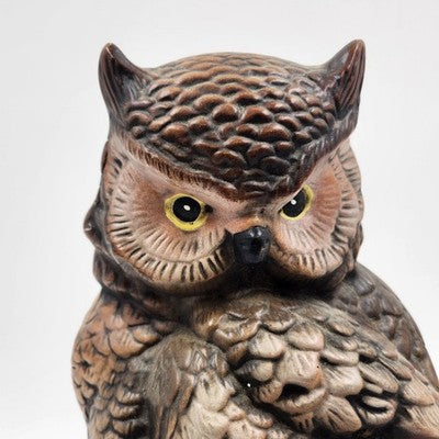 Bisque Owl Figurine on Tree Stand 12" Ceramic Hand Painted Byron Mold 1977 Vtg