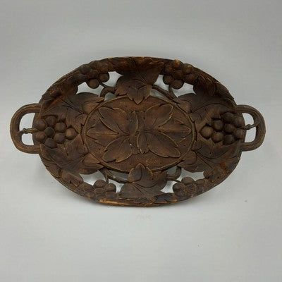 Wooden Hand-Carved Black Forest Serving Tray w Grape & Foliate Wall Decor 11x7"