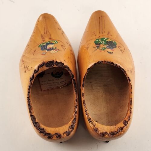 Pair Wooden Shoes Wall Hanging Small Dutch Holland Carved Planters 2 Pc 1960s