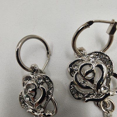 Silver Tone Floral with Crystal Rhinestone White Faux Pearl Dangle Earrings 1.5"