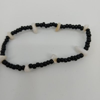 Set of 2 Stretch Bracelets Black Faceted & Black White Faux Pearl Acrylic Beads