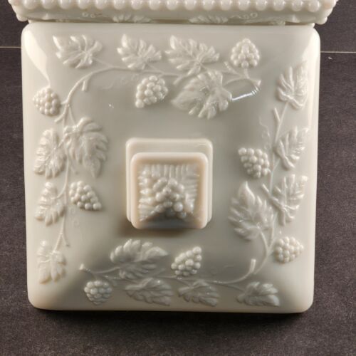 Large Milk Glass Square Compote & Lid Westmoreland Beaded Grape Pedestal Vintage