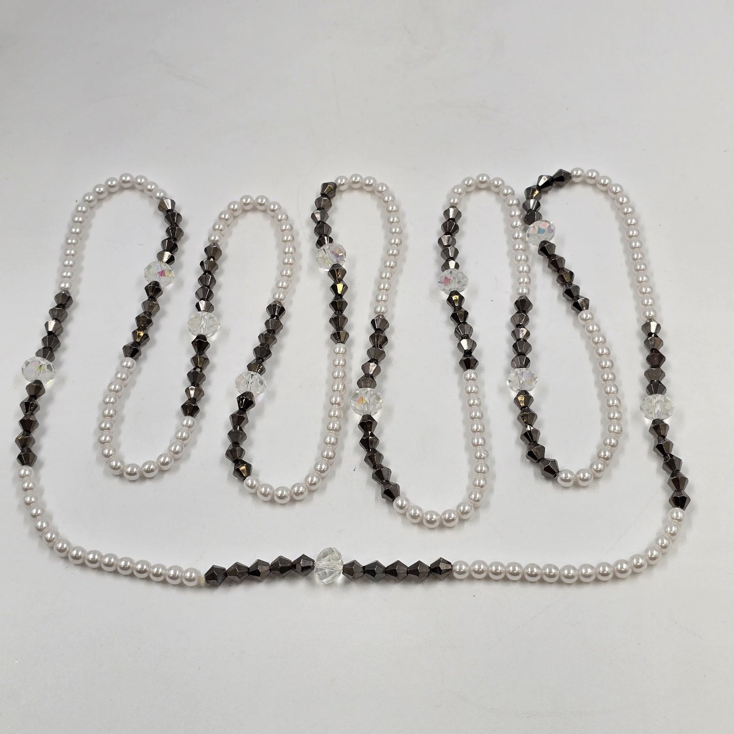 Double Strand Bicolor Long Necklace in Faux Pearl Amethyst Beaded 29"