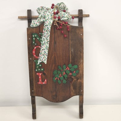 Christmas Holiday Noel Natural Wood Sleigh Sled Hand Painted Decoration 9.5"x20"