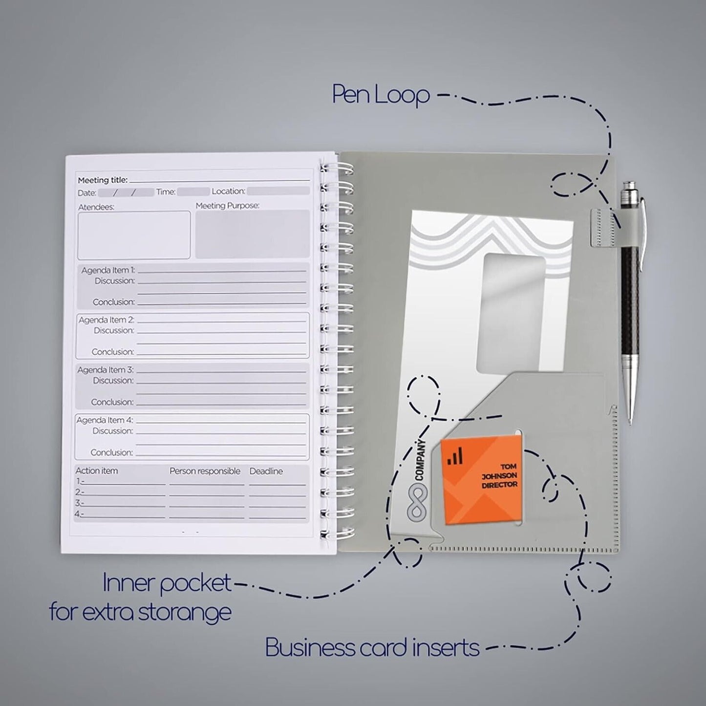 Meeting Notebook with plastic cover 160 pages 7"x10" Action Planner Table Of Con