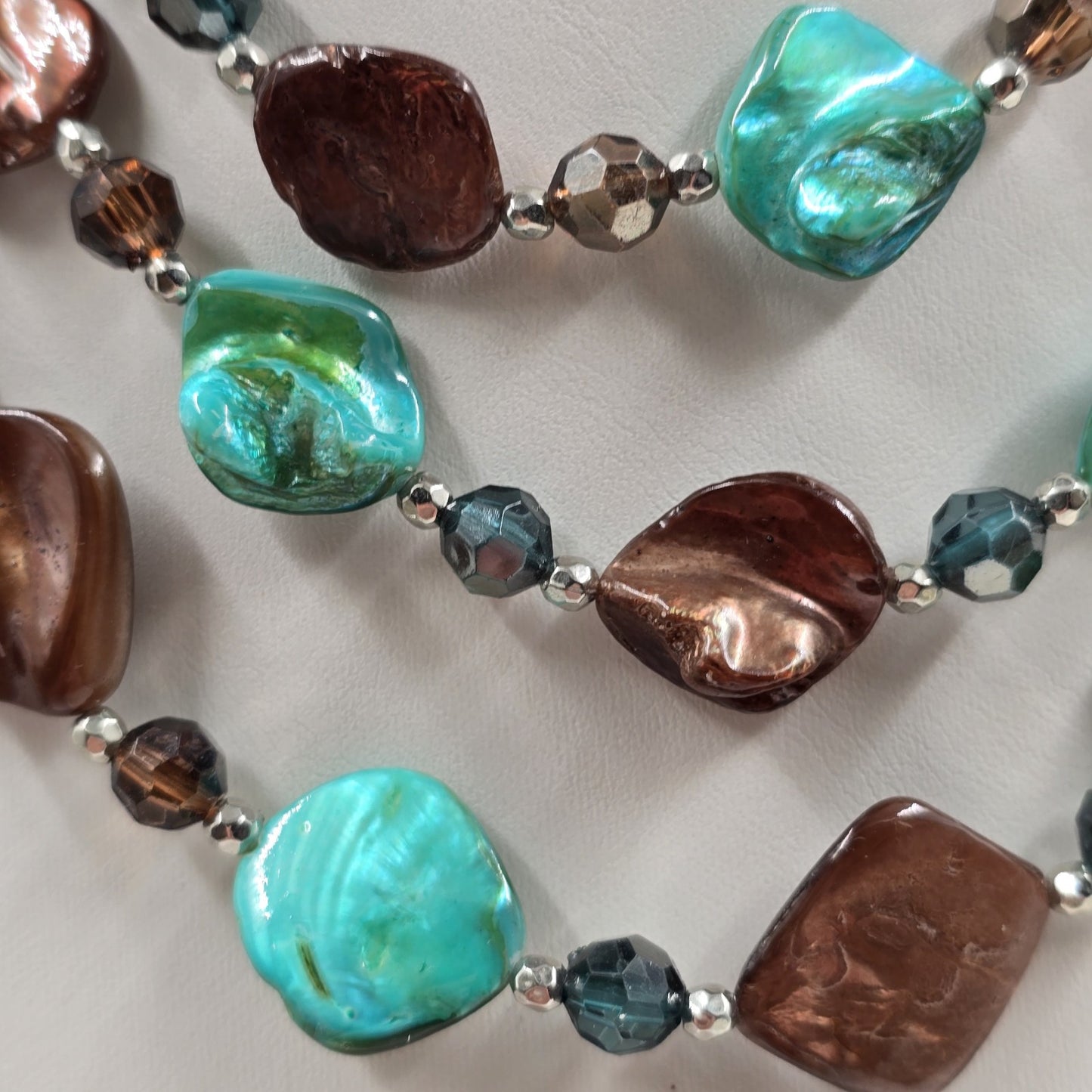 Triple Strand Necklace in Brown Turquoise Glass Beads Bohemian Silver Tone Chain
