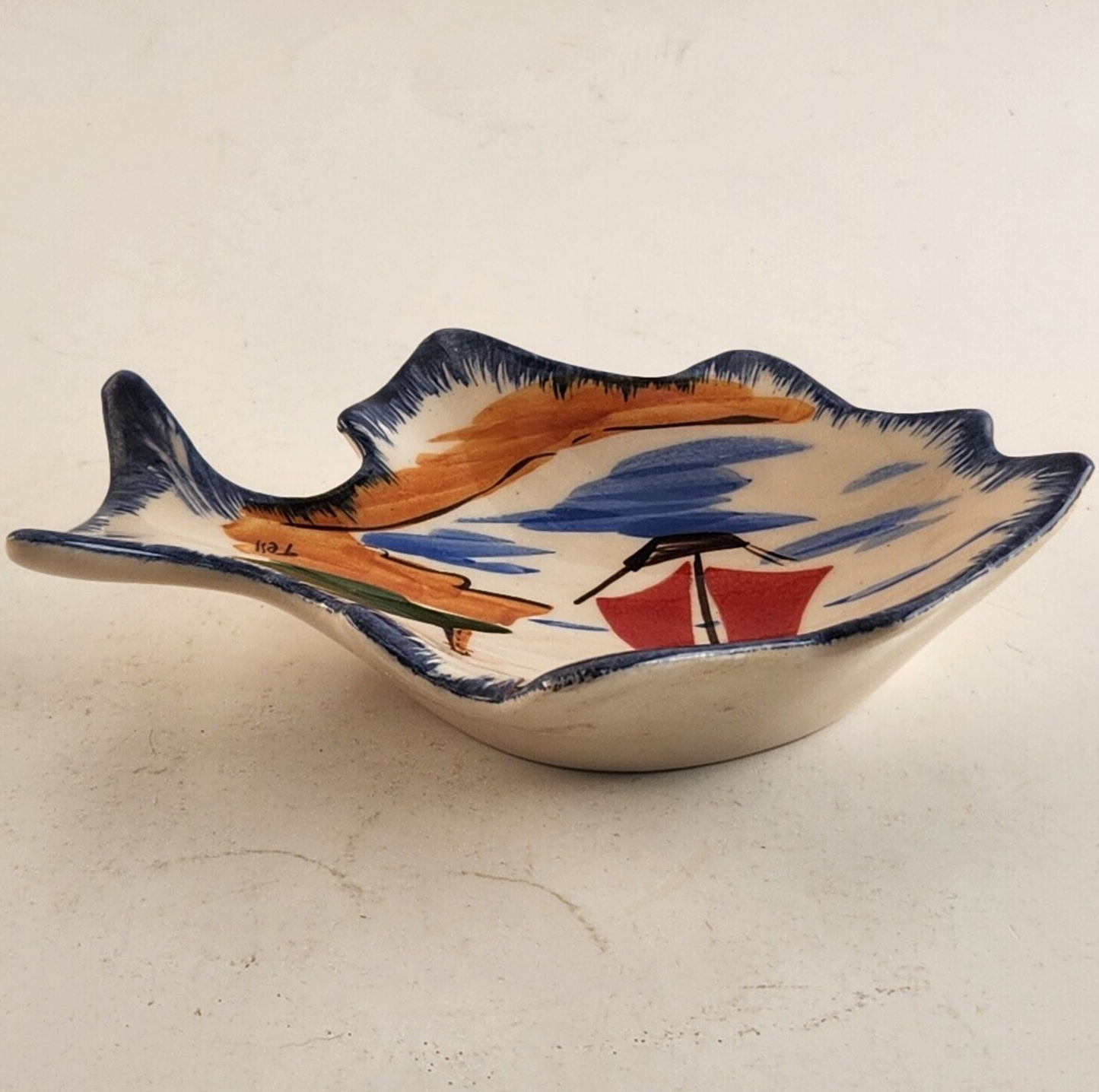 Vintage Tell UK Ceramic Nautical Trinket Dish Sailboat Fish Signed Tray