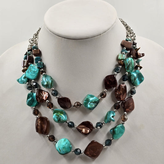 Triple Strand Necklace in Brown Turquoise Glass Beads Bohemian Silver Tone Chain