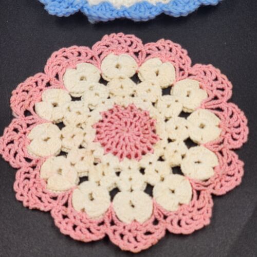 Lot of 2 Vintage Round Crochet Hot Pads Pot Holders Blue White & Pink