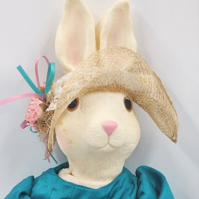 Bunny Rabbit Cotton Doll in Blue Dress with Mesh Fabric & Floral Hat 16" Tall